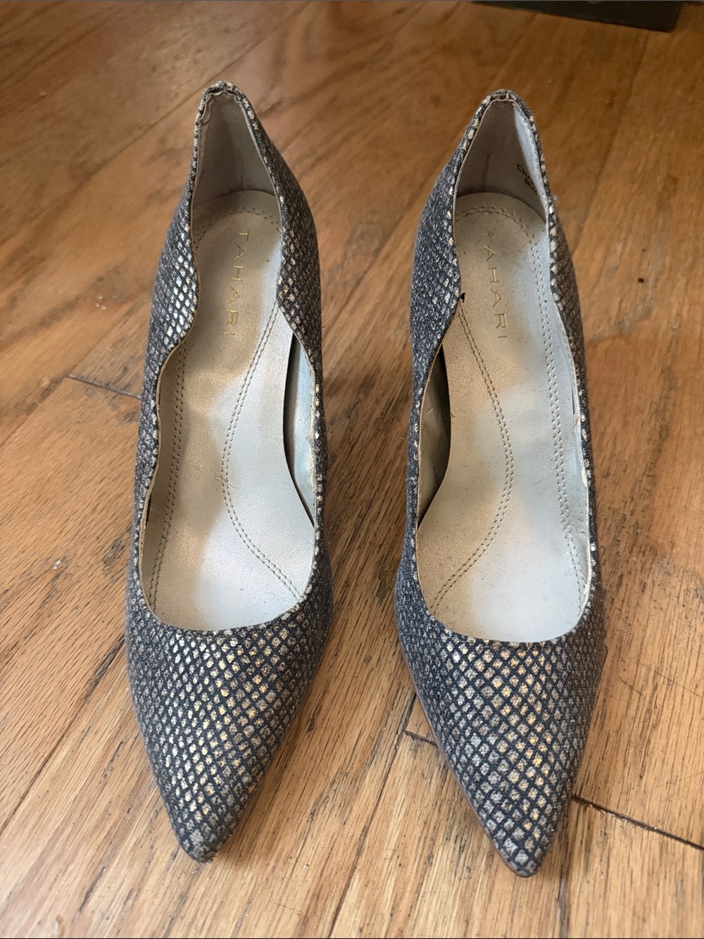 Tahari Metallic Snake-Texture Pointed Pumps in Black and Gold